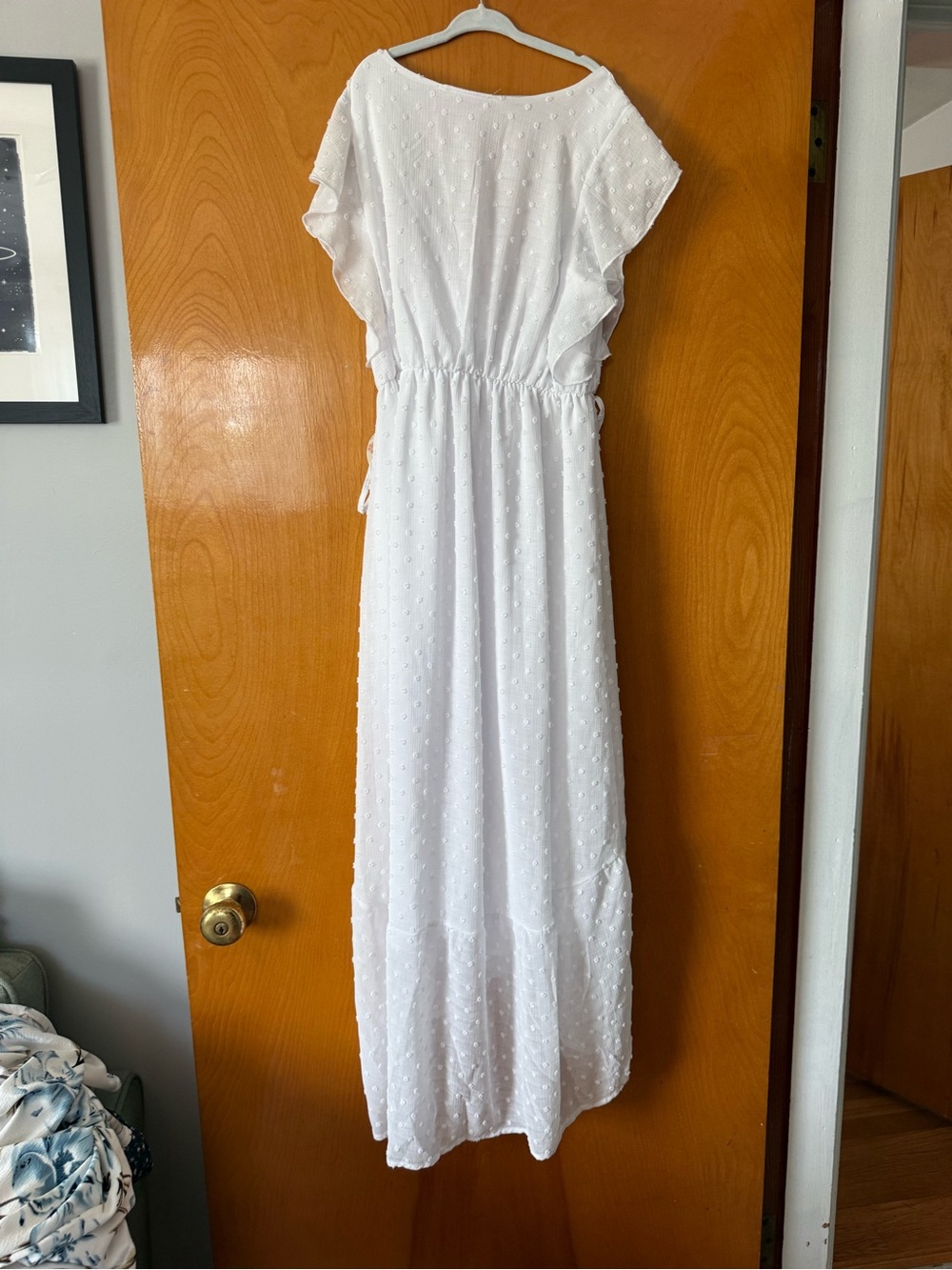 White Textured Maxi Dress with Flutter Sleeves